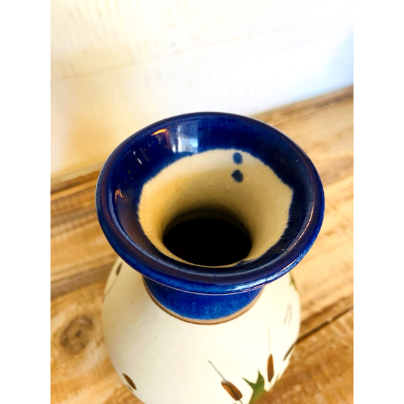 Vintage Hand Painted Stoneware Tonala Mexican Folk Pottery Vase Bird Cattails - Picture 7 of 9